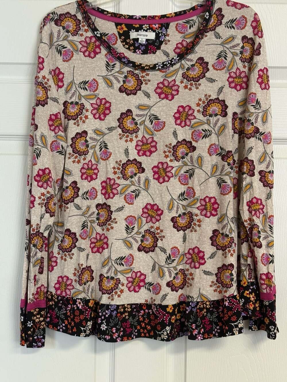 Kensie Boho, casual, comphy chic Long Sleeve Floral Top Size L Cream Multicolore